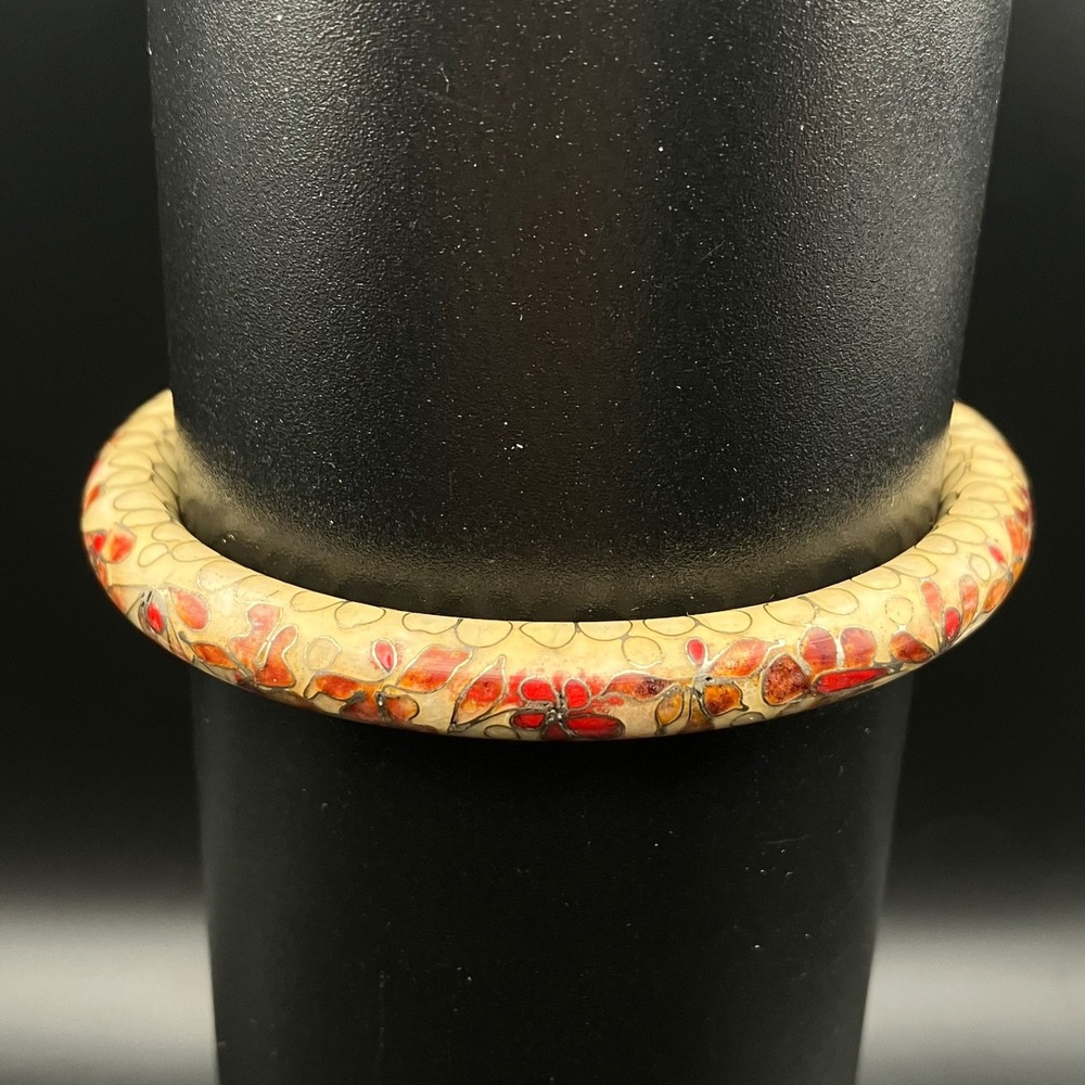 Vintage Cloisonné Enamel Bangle Bracelet Cream Red Orange Floral 7.5 Inch - Picture 2 of 8